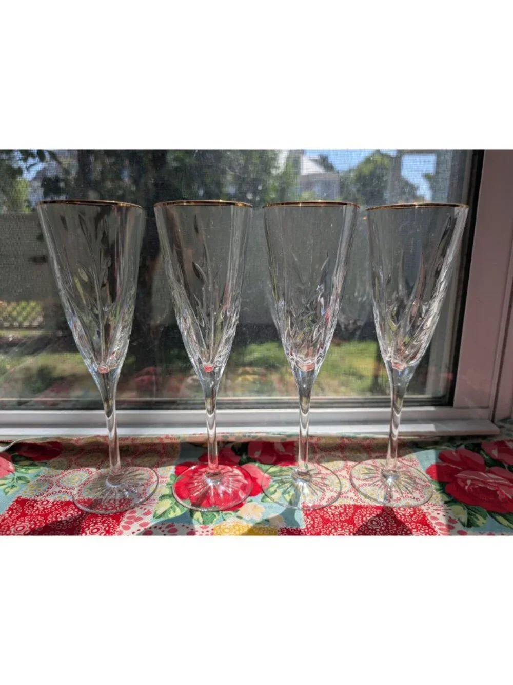 Set of 4 Vintage Cristal d'Arques-Durand Cassandra Gold Crystal Champagne Flutes